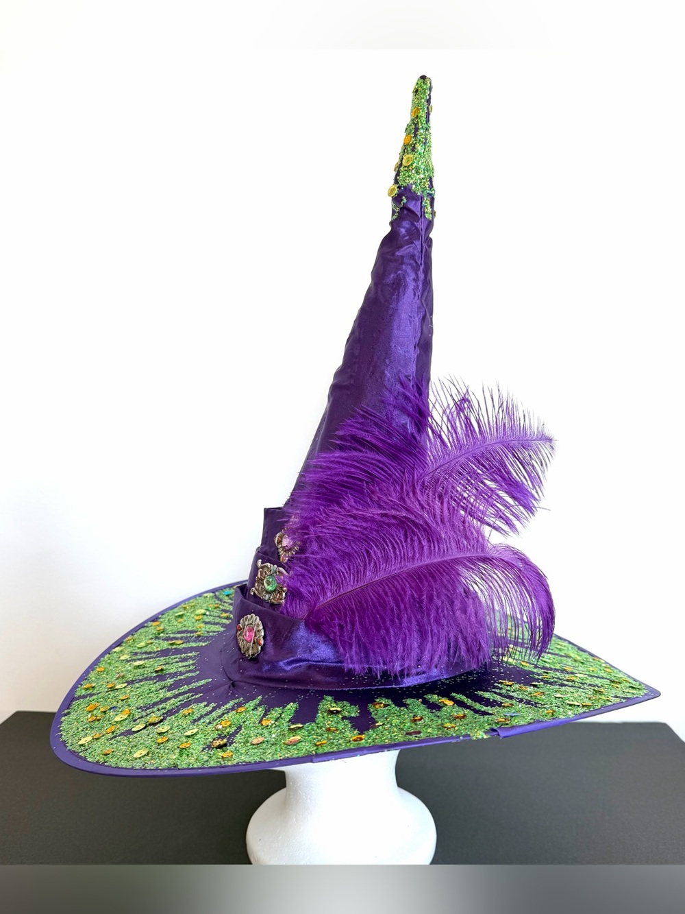 Purple Witch Hat satin ostrich feathers Green sparkle Trim brim one size adult - Picture 11 of 12